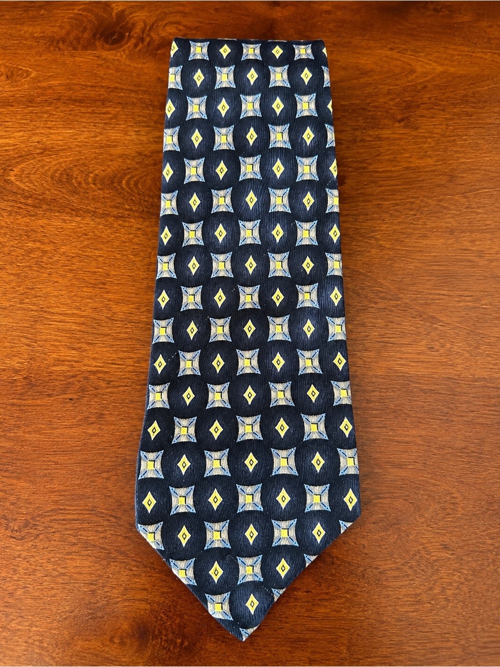 Robert Talbott Silk vintage Navy Tie with Yellow and Light Blue Medallions